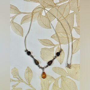 Vintage Sterling Silver Baltic Amber Pendant Necklace Multi Colour Sz 20”
